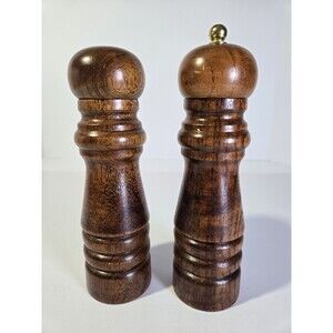 Vintage M Lucas Wood Salt Shaker Pepper Grinder Set 7" Forged Steel Gear